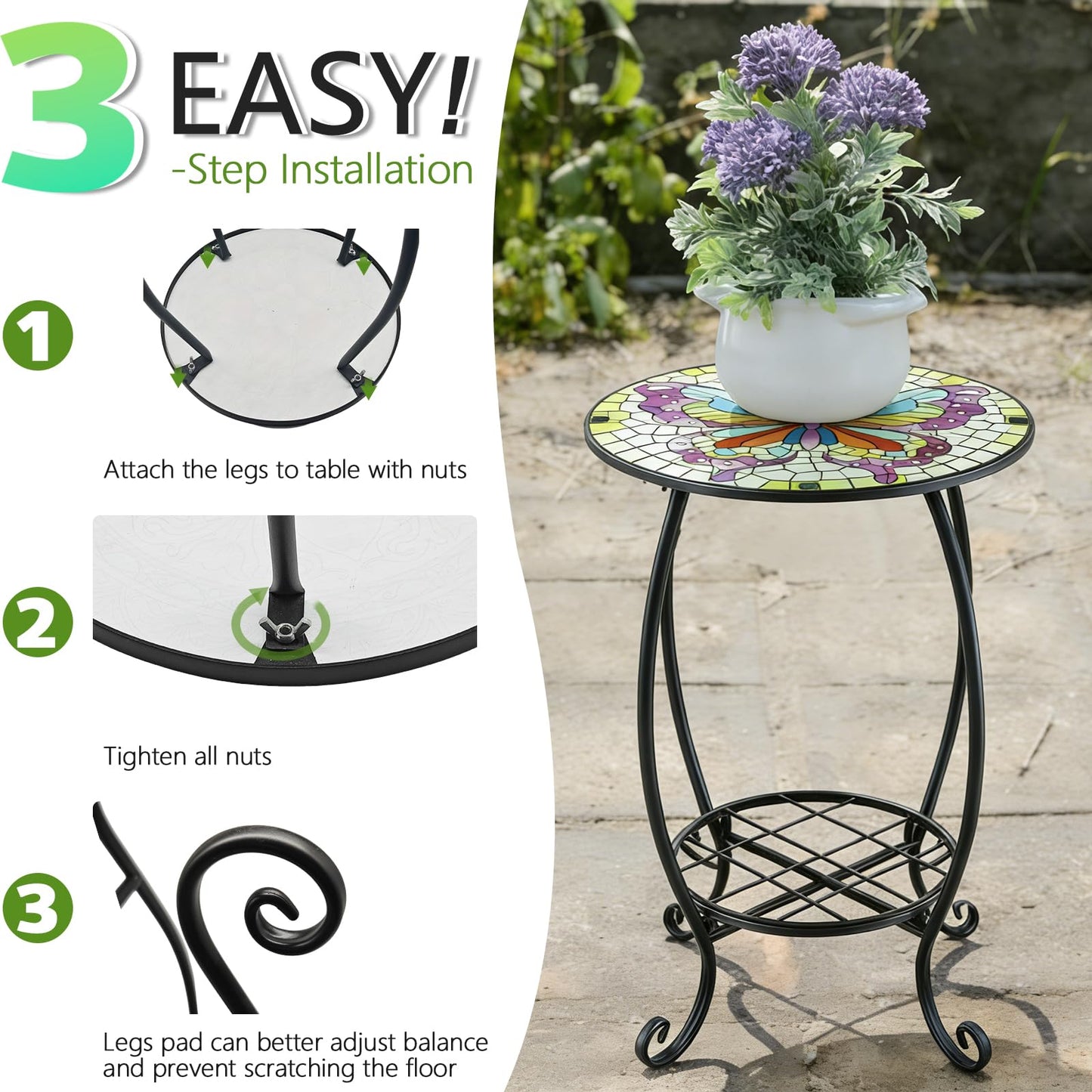 Arbuxzuy 12 Inch Small Outdoor Side Table with Colorful Butterfly, Glass Mosaic Patio Table Indoor, Round Plant Coffee Table for Living Room, Balcony, Garden（Butterfly Style）