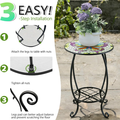 Arbuxzuy 12 Inch Small Outdoor Side Table with Colorful Butterfly, Glass Mosaic Patio Table Indoor, Round Plant Coffee Table for Living Room, Balcony, Garden（Butterfly Style）