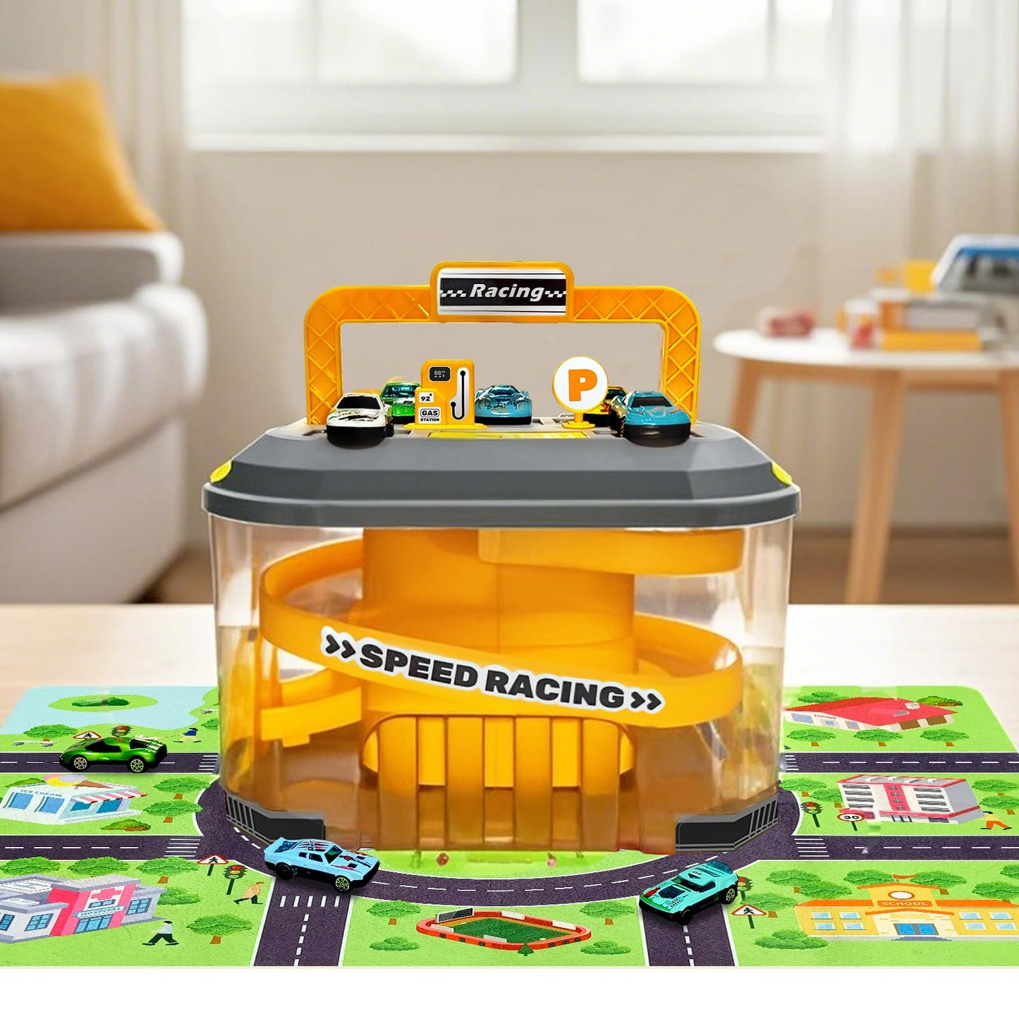Toy Car Track Storage Playset - Car Toys Race Set Including 12 Diecast Cars, PlayMat, Race Tracks, Car Ramp, Kids Birthday Gift Toys for 2 3 4 5 Year Old Boys 1-3 2-4 Toddlers