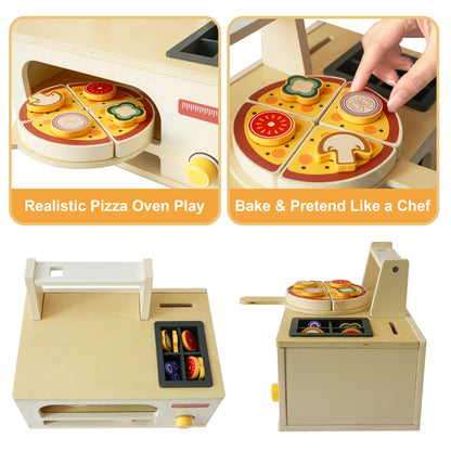 Wooden Pizza Toy Playset for Kids Ages 3–5, Montessori Pretend Play Food & Wooden Kitchen Playset with Easy Bake Oven, Slice & Serve Pizza Maker Toy, Educational Cooking Gift for Boys and Girls