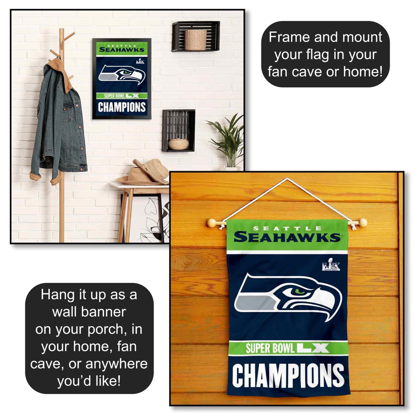 Seattle Seahawks Super Bowl LX Champions Yard Garden Banner Flag