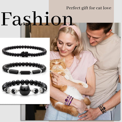 Pendlixy 3Pcs Money Attraction Cat Bracelet - Black Obsidian Women Bracelets -Wealth Prosperity Abundance Stone Bead Bracelet,Crystal Spiritual Cute Protection Stretch Bracelet,Good Luck Feng Shui Bracelets For Women Gifts