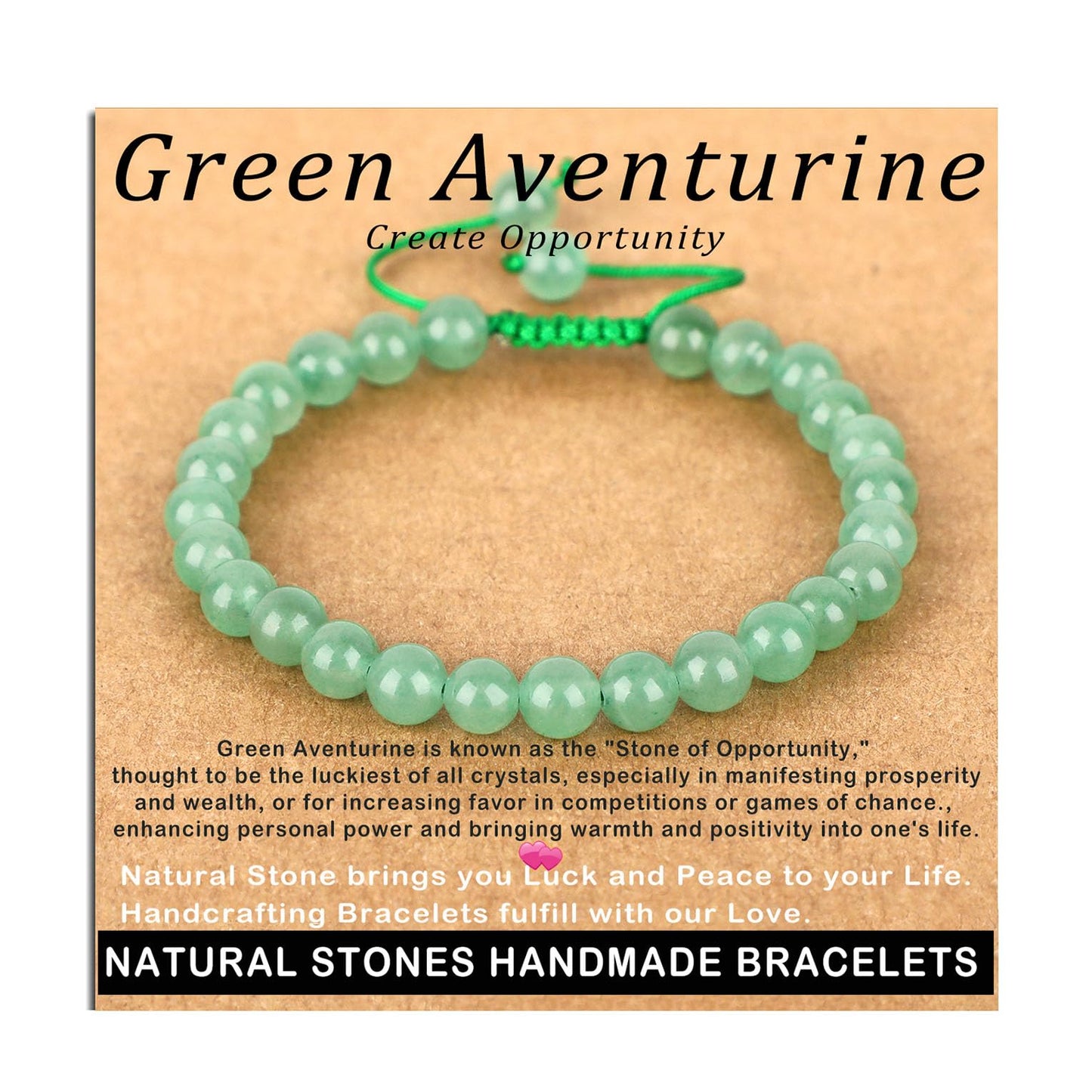AD Beads 6mm Green Aventurine Bracelet - Stone of Create Opportunity - Handmade Natural Stone Crystal Bracelet with Adjustable Macrame String - Yoga Healing Power Energy Gifts for Men and Women