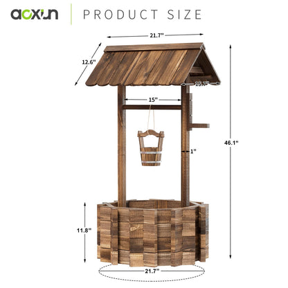Aoxun Wooden Wishing Well Planters with Hanging Bucket, Garden Helper, Rustic Garden Decor for Outside, Yard, and Patio, Upgrade Reinforced Base, Brown