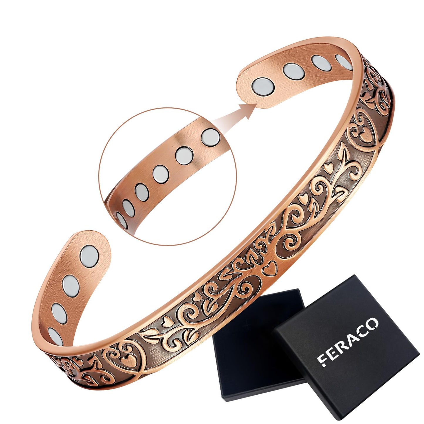 Feraco Copper Bracelets for Women Enhanced Strength Magnetic Bracelets for Women with 3800 Gauss Magnets, Pure Copper Jewelry Adjustable Cuff Bangle with Giftable Box (Original Design)