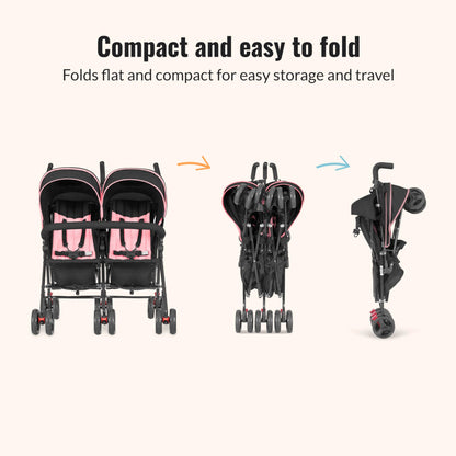 Dream On Me Volgo Twin Baby Stroller, Lightweight Side-by-Side Double Umbrella Stroller with Adjustable Canopy, 5-Point Harness, Storage Basket & Travel-Friendly Fold – Pink