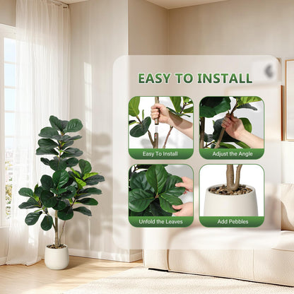 4 ft Fiddle Leaf Fig Tree Artificial with 48 Leaves - Realistic Faux Ficus Lyrata Trees in 7.8 in White Planter Pot, Indoor Fake Floor Plants for Home Office Living Room Decor, Housewarming Gift