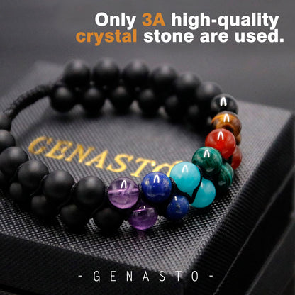 GENASTO Mens Crystal Bracelet, 7 Chakra Bracelet with Real Stones Tigers Eye Obsidan Amethyst Malachite Amazonite Lapis Lazuli Red Agate Beads Bracelets for Multi Healing Protection Balance