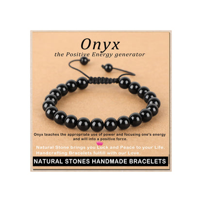 AD Beads 8mm Onyx Bracelet - Stone of the Positive Energy generator - Handmade Natural Stone Crystal Bracelet with Adjustable Macrame String - Yoga Healing Power Energy Gifts for Men and Women