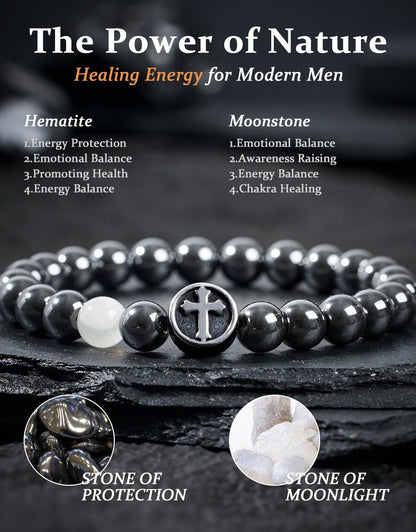 Landorilo Gifts for Men, 8mm Cross Natural Stone Beaded Bracelets, Hematite Healing Bracelet, Handmade Mens Jewelry Gift for Him, Husband, Son, Father, Friend(To My Son-8.3in)