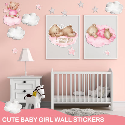 Yinder Pink Bear Wall Decals (12 Sheets, 78 Pcs) - Highland Cow, Clouds, Balloon Decor for Kids Nursery Room, Bedroom, Living Room, Classroom Decor