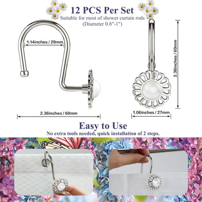 iToplin Nickel Shower Curtain Hooks Rings, Decorative Shower Curtain Hangers, Heavy Duty Metal Shower Rings, Sunflower Shower Hooks for Shower Curtain Rod and Liner, Bathroom Curtain Hooks, Set of 12