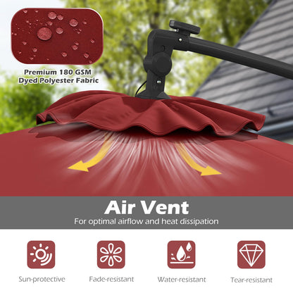 Tangkula 10ft Solar Patio Umbrella with Base Included, Offset Cantilever Outdoor Umbrella with 32 LED Lights, Infinite Tilt, 360 Degree Rotation, Crank Handle for Pool Deck Garden Backyard (Wine)