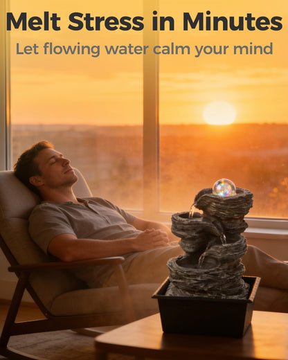 Twirleternity Tabletop Water Fountain with LED Lights & Rolling Bubble Ball, Indoor Waterfall Fountains for Home Office Zen Meditation Decor, Best Home Gifts for Friends or Family