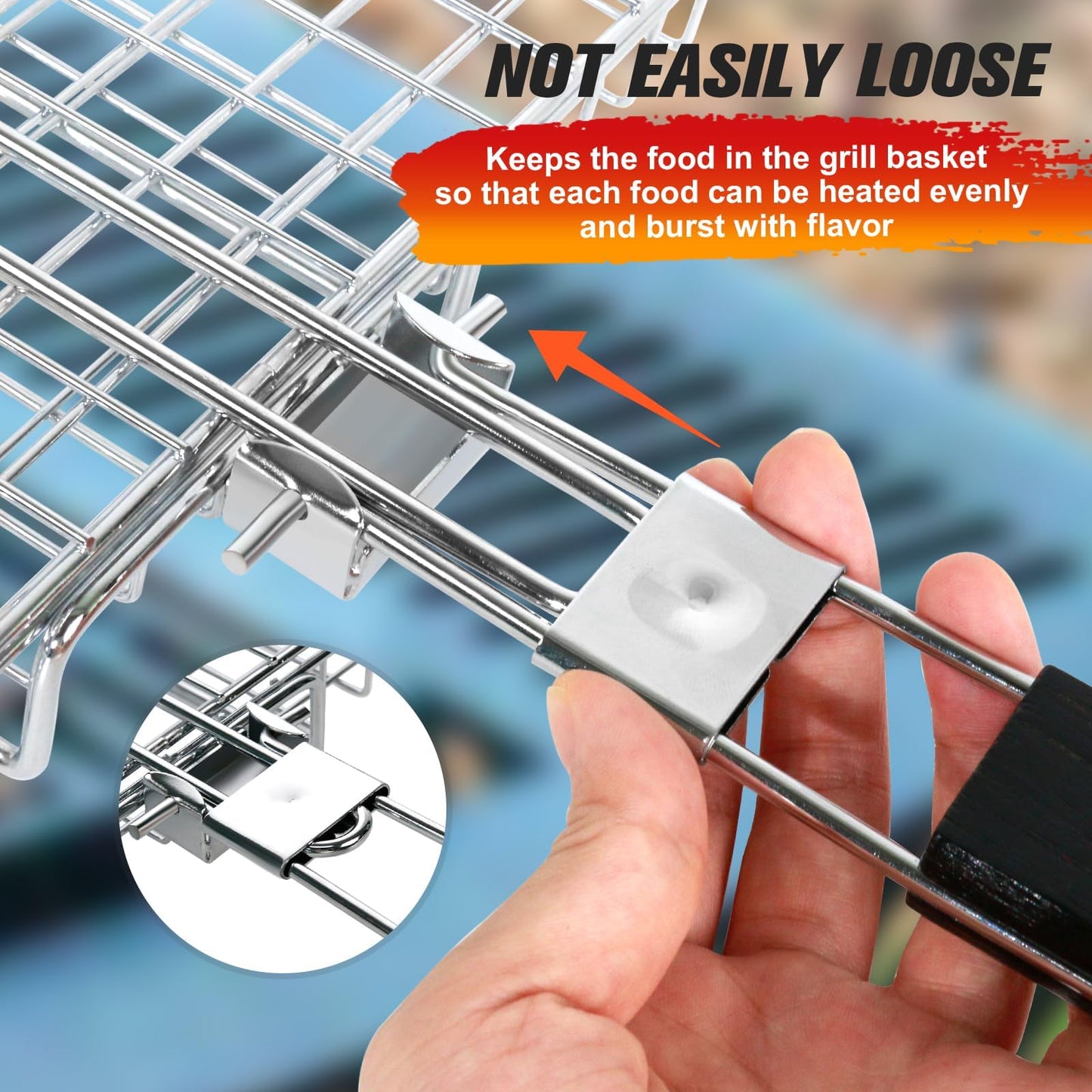 Grill Basket for Outdoor Grill, Stainless Steel Grilling Basket with Foldable Handle, Portable BBQ Cooking Rack for Fish, Vegetables, Shrimp, Chicken - Includes BBQ Skewers 6pcs,Basting Brush,Scrub Sponge-Upgrade