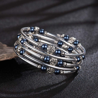 BULINLIN Wrap Bangle Rose Bead Bracelet - Beaded Bracelet with Natural Agate Stone Gifts For Women(01-Navy blue pearl)