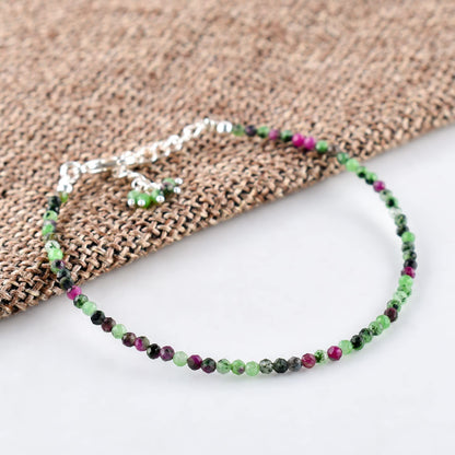 QNAVIC Ruby Zoisite Choker Bracelet for Women – Dainty Micro Round Beads, 8" Silver-Plated Chain, Healing Chakra Crystal Jewelry, Birthstone Gift for Her