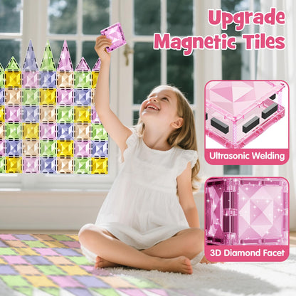 Magnetic Tiles for Kids Ages 4-8, Magnetic Blocks Travel Set with Diamond Surface & Metal Storage Box, 60PCS STEM Learning Toys, Educational Building Gifts for 3-8 Year Olds