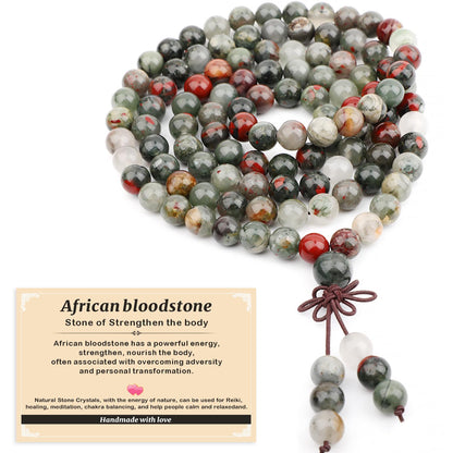 AD Beads 8mm 108 Prayer Mala African bloodstone Elastic Bracelet - Strengthen the body - Handmade Yoga Meditation Healing Power Energy Gifts for Unisex Adult.