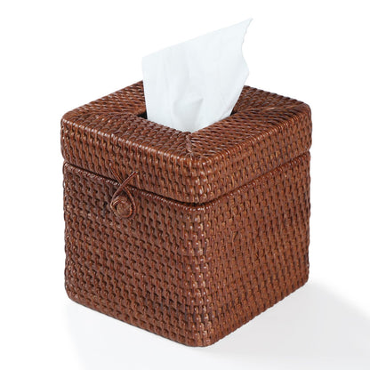 Rattan Square Tissue Box Cover, 5.7" x 5.7" x 5", Decorative Woven Facial Tissue Holder with Hinged Top Lid, Brown