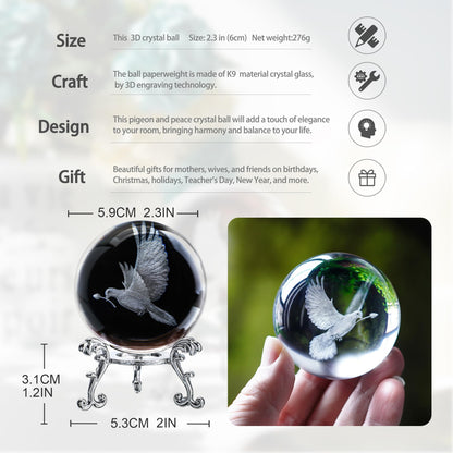 ZEERSHEE 60mm 3D Peace Dove Crystal Ball Figurine with Stand Glass Pigeon Ornament Decor for Home Table