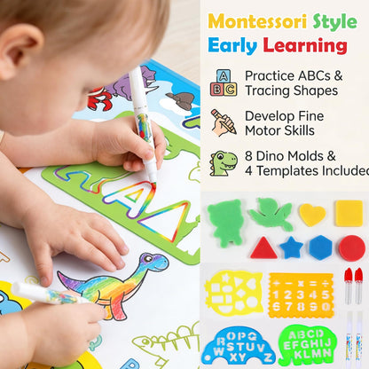 Water Doodle Mat for Toddlers 1-3: Mess-Free Coloring Toy,Dries in 5-10 Mins for Endless Play,Dinosaur Reusable Aqua Painting Board Toddler Toys,Birthday Gifts for 1-3 Year Old Boy