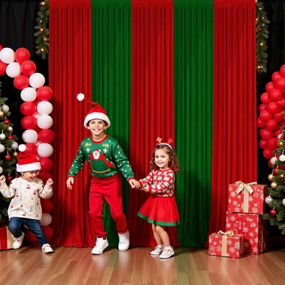 GEWONELIFE Christmas Backdrop Curtain - 10×7ft Red & Green Holiday Party Background Decor for Xmas Tree Photos, Home Festive Wall, Mall Santa Booth, Reusable Winter Celebration Decoration for Families