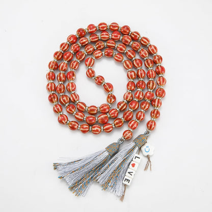 Handmade Bead Garland with Tassels - Farmhouse Rustic Prayer Bead String Wall Hanging Accent for Home Festival Decor.