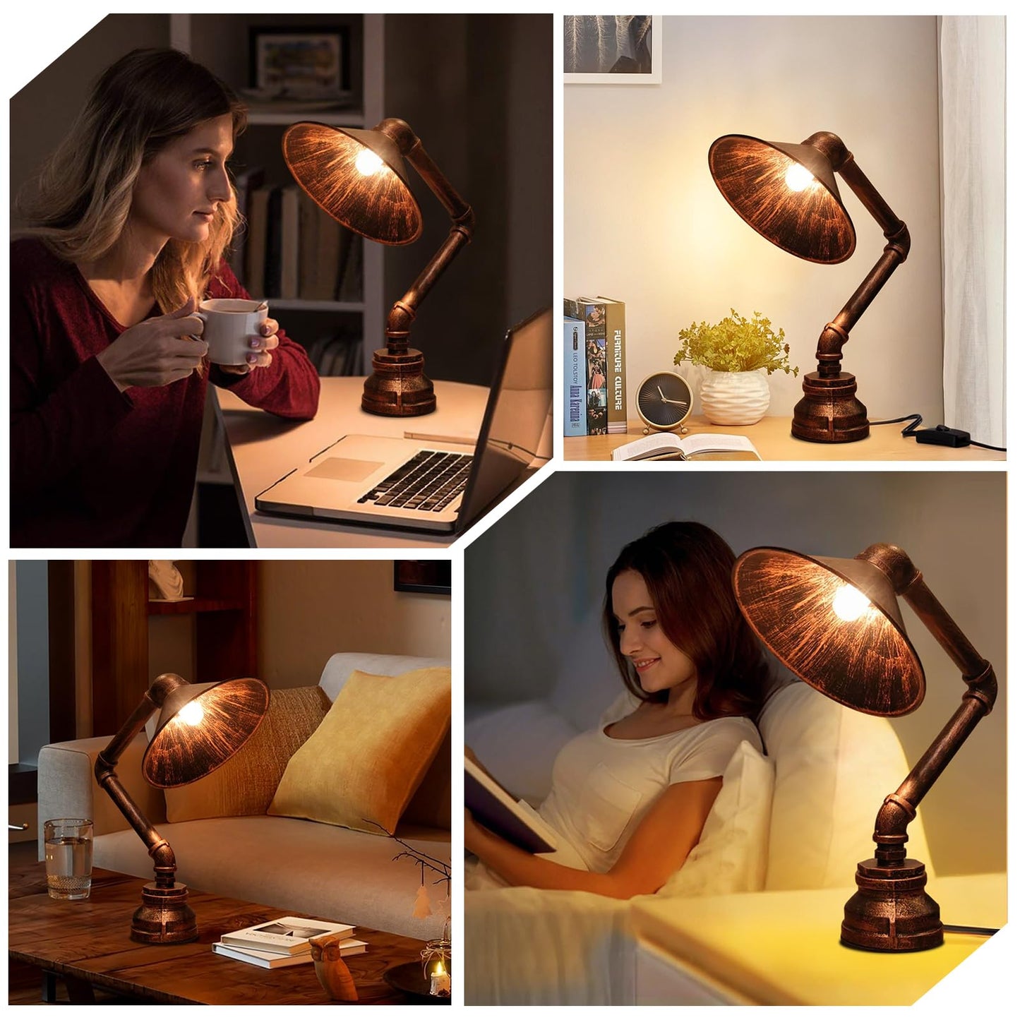 PIPRE Steampunk Table Lamp, Industrial Water Pipe Lamp Retro Iron Piping Desk Lamp Vintage Nightstand Lamps for Bedroom Living Room Kitchen Café Dorm Pub Brown1