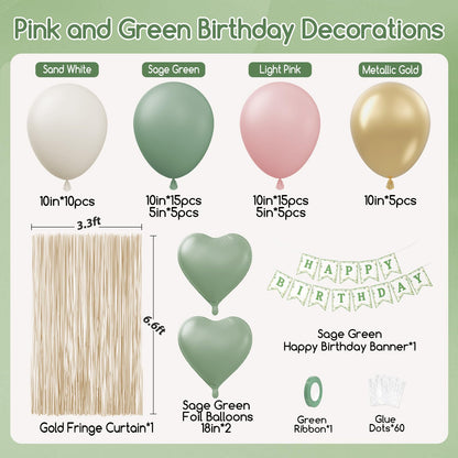 Pink and Sage Green Birthday Decorations with Light Pink Sage Green Sand White Metallic Gold Foil Balloons Fringe Curtain Banner for Happy Birthday Decorations for Women