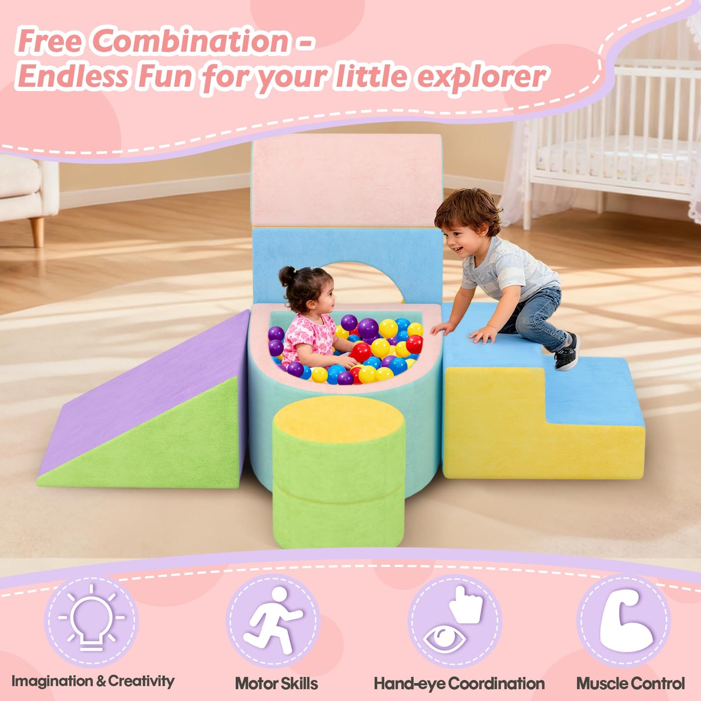 JUOIFIP Toddler Climbing Toys Indoor, 6-Piece Baby Foam Climbing Blocks with Ball Pit, Colourful Soft Play Set for Toddlers 1-3 Years Old, Kids' Indoor Climbers & Play Structures (Balls not Included)