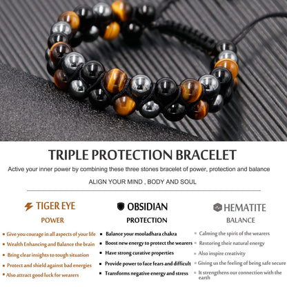 HASKARE Triple Protection Bracelet for Men - Genuine Tigers Eye Black Obsidian Hematite 8mm Natural Stone Beads Stretchy Healing Crystal Jewelry, Anxiety Relief Energy, Ideal for Dad Husband Christmas Birthday