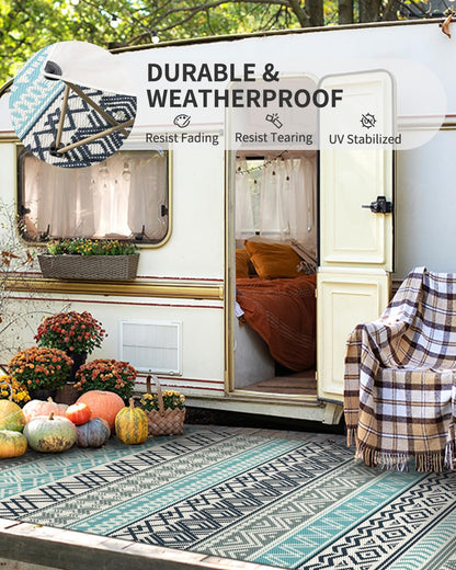 MontVoo Outdoor Rug Carpet Waterproof-Patio Rug Mat 5x8 Reversible RV Outdoor Camping Rugs Picnic Beach Mats Plastic Straw Outside Rugs for Balcony Porch Pool Deck Boho Patio Decor