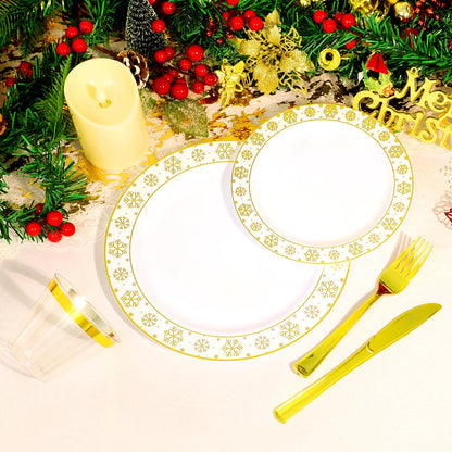 175 Pcs Christmas Plastic Plates Dinnerware Set Disposable Winter Snowflake Plates Include Plate,Gold Cups,Pre Pre Rolled Napkins with Gold Plastic Silverware for Holiday Winter Party (25 Guests)