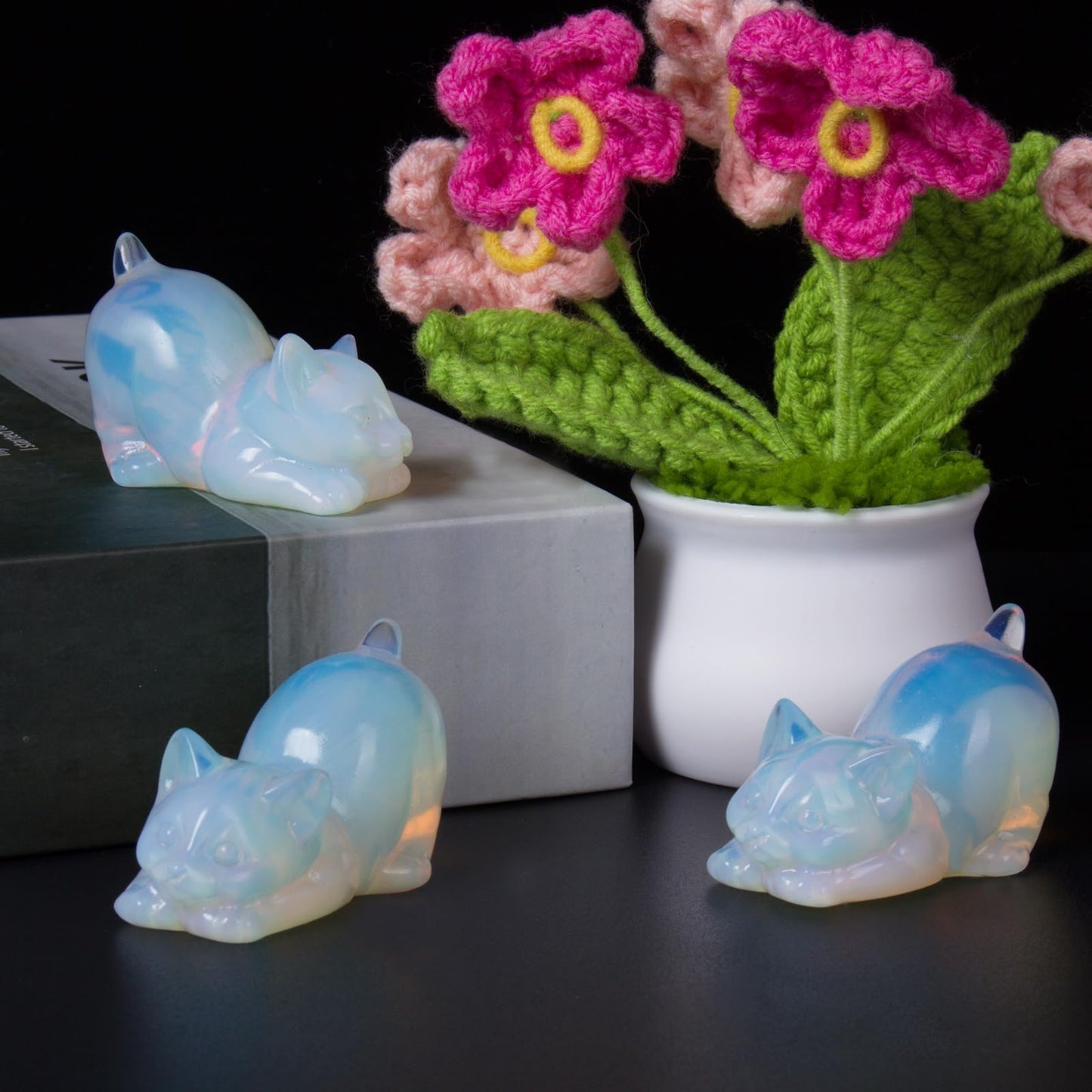 2 Inch White Opalite Cat Crystal Figurines, White Kitten Statues for Kitten Lovers and Collectibles, Cat Decor Fingurines for Home Desk Office, Carved Healing Crystal Reiki Animal Gifts for Women