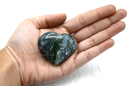 Moss Agate Crystal Heart Palm Stone - Pocket Massage Worry Stone for Natural Body Chakra Balancing, Reiki Healing and Crystal Grid