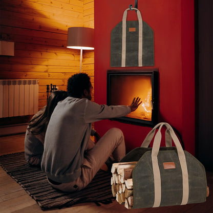 STBoo Firewood Carrier Waxed Canvas: Log Carrier for Firewood Heavy Duty | Fire Wood Carrier Tote Bag | Fireplace Log Holders for Firepit Outdoor Camping, Indoor, Wood Stove Accessories Gift, Geen