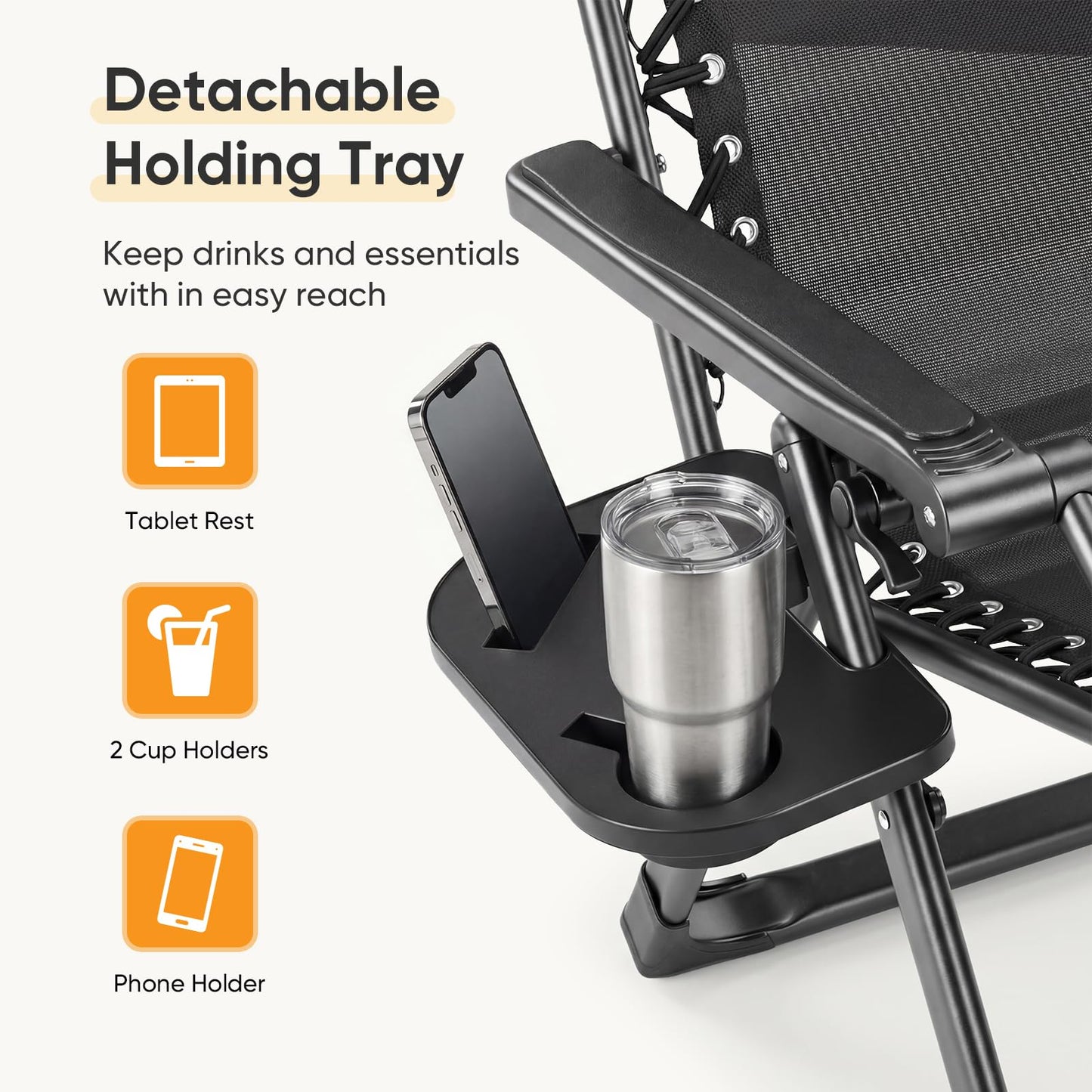 NEWBULIG Zero Gravity Chair, Folding Patio Recliner with Removable Cushion & Cup Holder Trays, Portable Lounge Chair for Beach & Camping, Classic Black