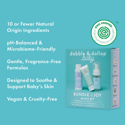 Dabble & Dollop Baby Minis Kit – Fragrance-Free, Tear-Free Shampoo & Body Wash, Bubble Bath and All Over Lotion, Travel Size Baby Toiletries or Gift Set for Newborns & Sensitive Skin