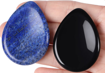 QINJIEJIE 2PCS Crystals Thumb Worry Stones for Anxiety Lapis Lazuli Obsidian Hand Carved Worry Stone Pocket Gemstones Meditation Crystal Reiki Relax Palm Stone Gift for Men
