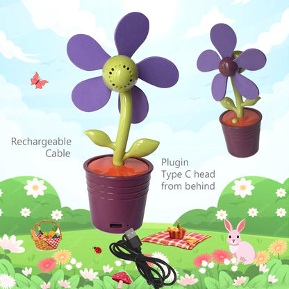 Mini Rechargeable Flower Pot Fan, Includes 2 EVA Blades (1 Purple and 1 Orange) USB-C Charging, 200mAh Battery, Decorative Desktop Fan,