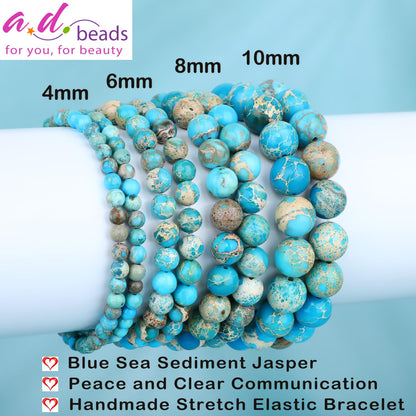 AD Beads 4mm Handmade Blue Sea Sediment Imperial Jasper Elastic Bracelet – Natural Gemstone for Joy & Positivity – Meditation, Yoga, Healing and Energy Gift for Men Women