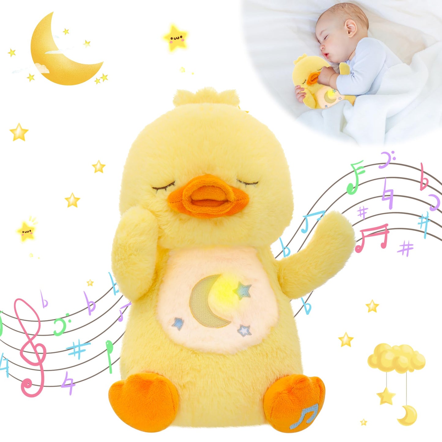 MIAODAM Soothing Cuddle Plush Toy, Breathing Stuffed Animal Duck Plush with Realistic Breathing Action and Relaxing Music, for Babies and Toddlers, Hugging Plush for Emotional Comfort