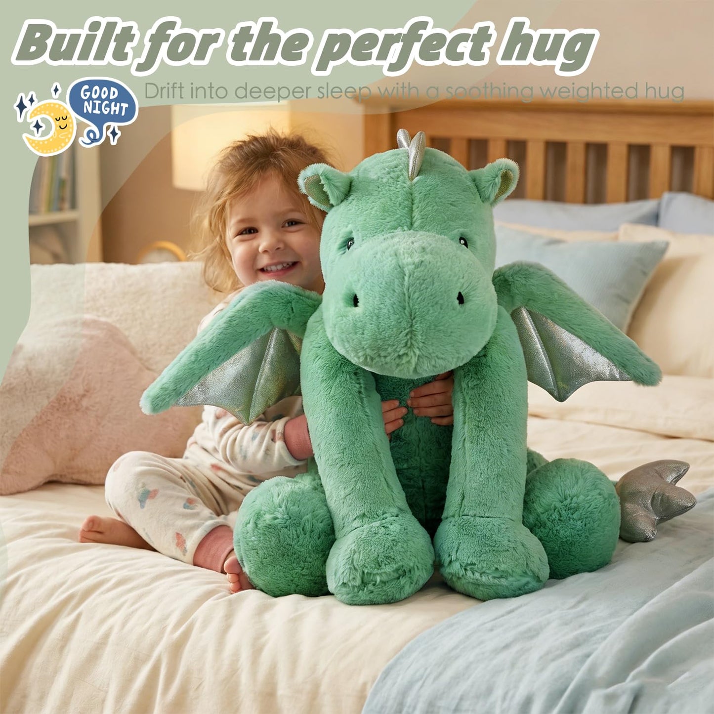 ARELUX Large Dragon Stuffed Animal Plush Toy - Cute Green Pterosaur Plushie, Giant Fuzzy Dinosaur Pillow for Cuddling, 50in Length (33in Sitting Height), Soft Plush Gift for Friends & Family