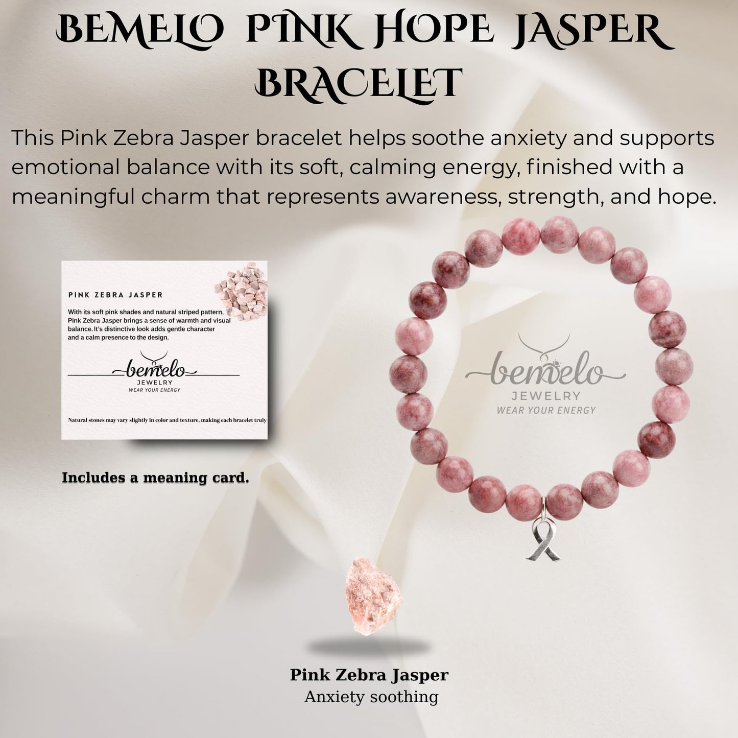 BEMELO Pink Hope Jasper Bracelet – Natural Pink Zebra Jasper Beaded Bracelet with Ribbon Charm, Inspirational Strength & Support Jewelry, Meaningful Handmade Gift for Women