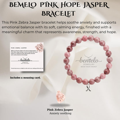 BEMELO Pink Hope Jasper Bracelet – Natural Pink Zebra Jasper Beaded Bracelet with Ribbon Charm, Inspirational Strength & Support Jewelry, Meaningful Handmade Gift for Women