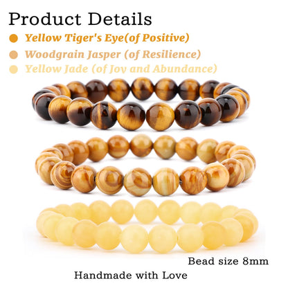 NCB 3-Piece 8mm Natural Crystal Gemstone Stretch Bracelets – ﻿Woodgrain Jasper, Yellow Jade, Yellow Tiger's Eye Handmade Reiki Energy Healing Jewelry for Meditation,Yoga, Unisex
