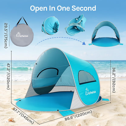 Wolfwise Pop up Beach Tent Sun Shelter with UPF50+ UV Protection, Instant Easy Setup Popup Beach Shade Canopy for 3 Person, Portable & Foldable with Carring Bag, 87 ×57×47 in, Blue