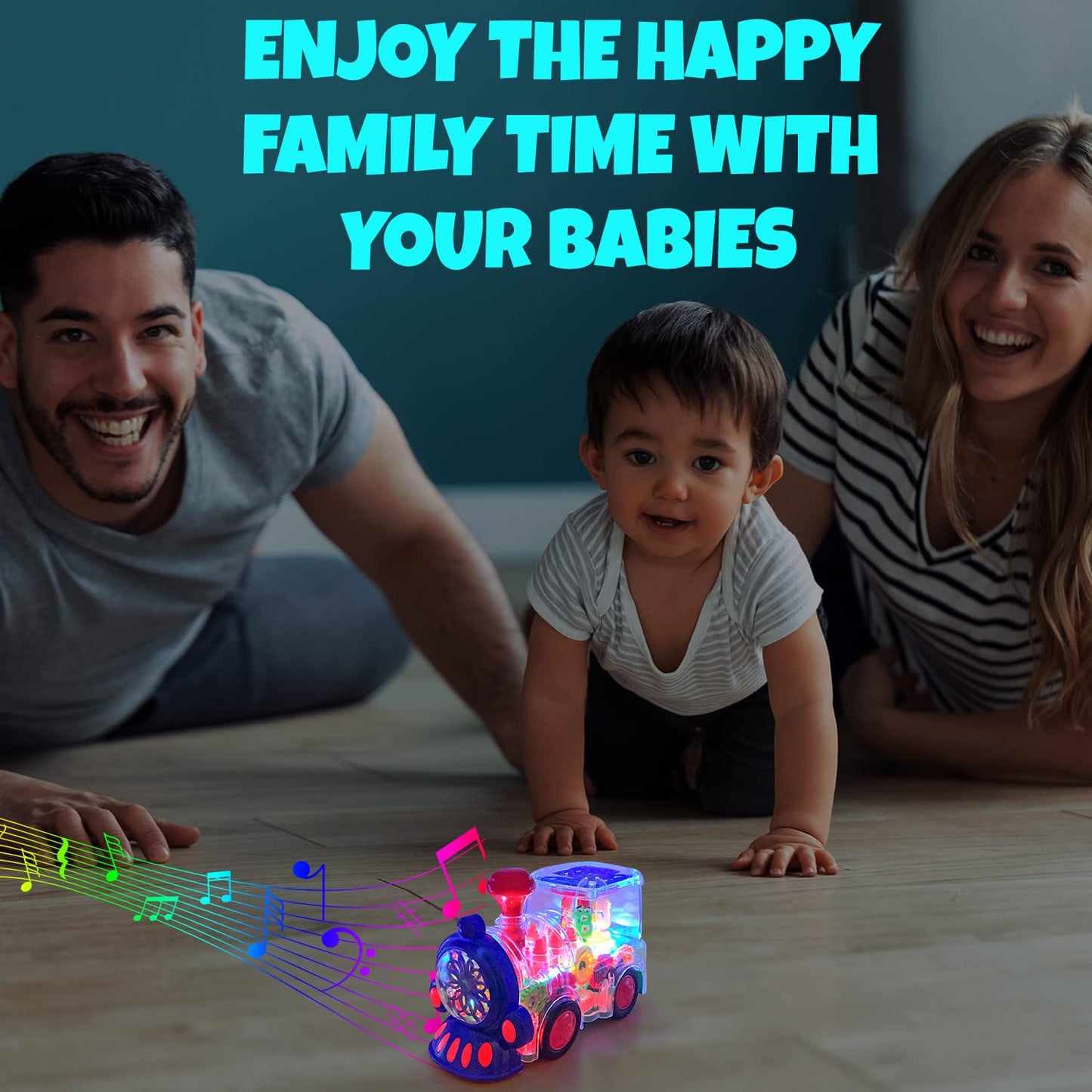 Tooty Toy Transparent Sensory Train Toy -Interactive Light up Toys for Kids- Musical Train Toys with LED Light for Toddlers- Colorful Moving Gears- Tummy Time Crawling Baby Toy