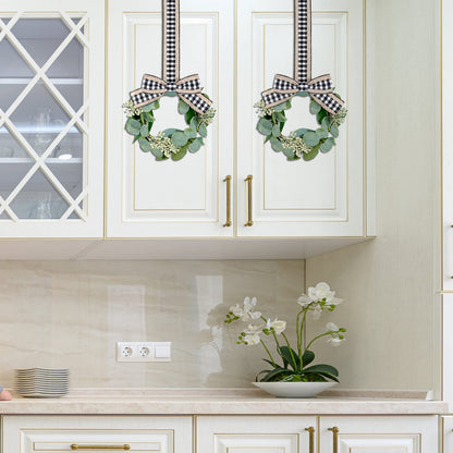 Syhood 2 Pieces 9" Mini Eucalyptus Wreath Artificial Spring Summer Greenery Wreath for Front Door Farmhouse Kitchen Cabinet with Ribbon for Porch Wall Window Decor(Plaid Bow Style)